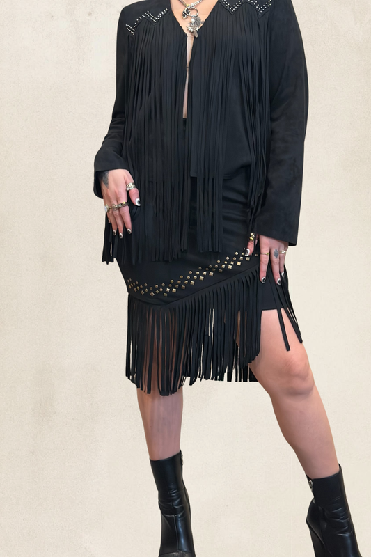 Studs Fringe Suede Skirt