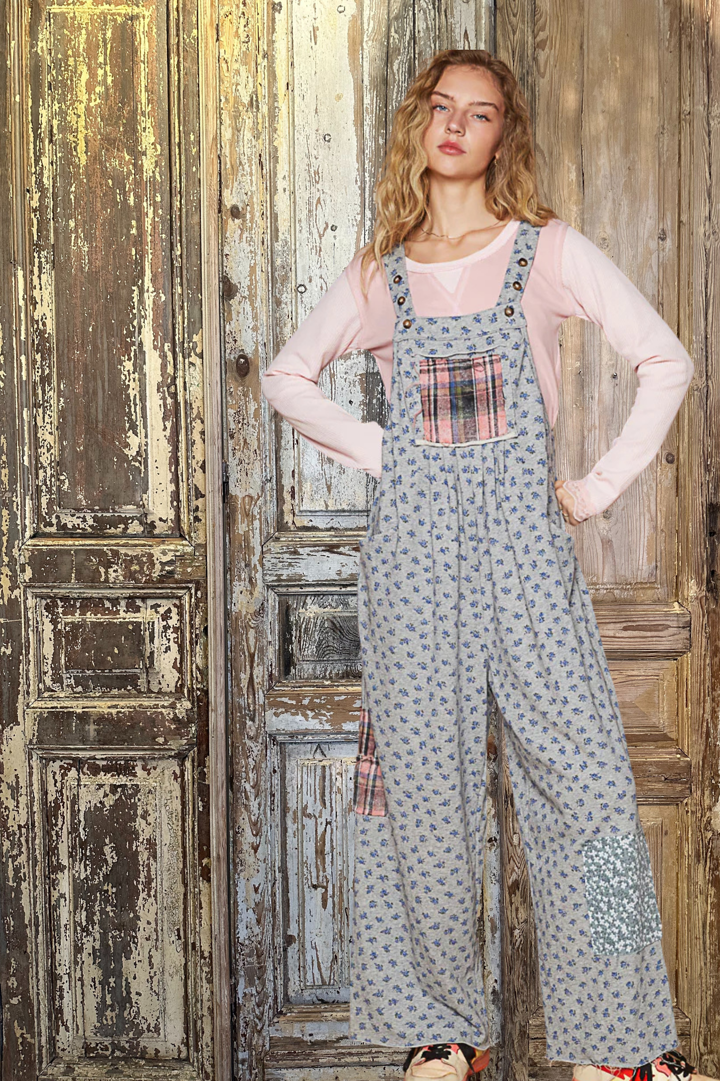 Knit Floral Patched Overalls-9920