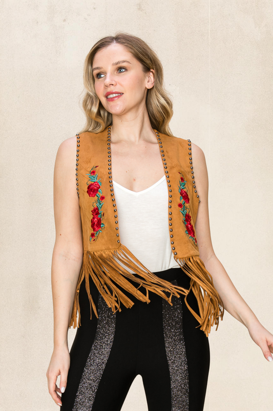 Embroidered Suede Fringe Vest