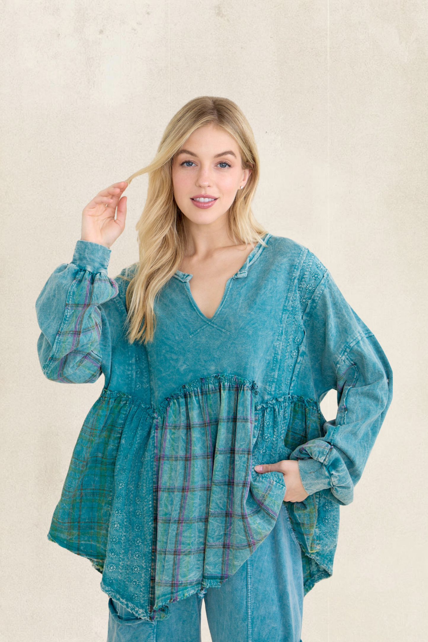 Flannel Eyelit Babydoll Top