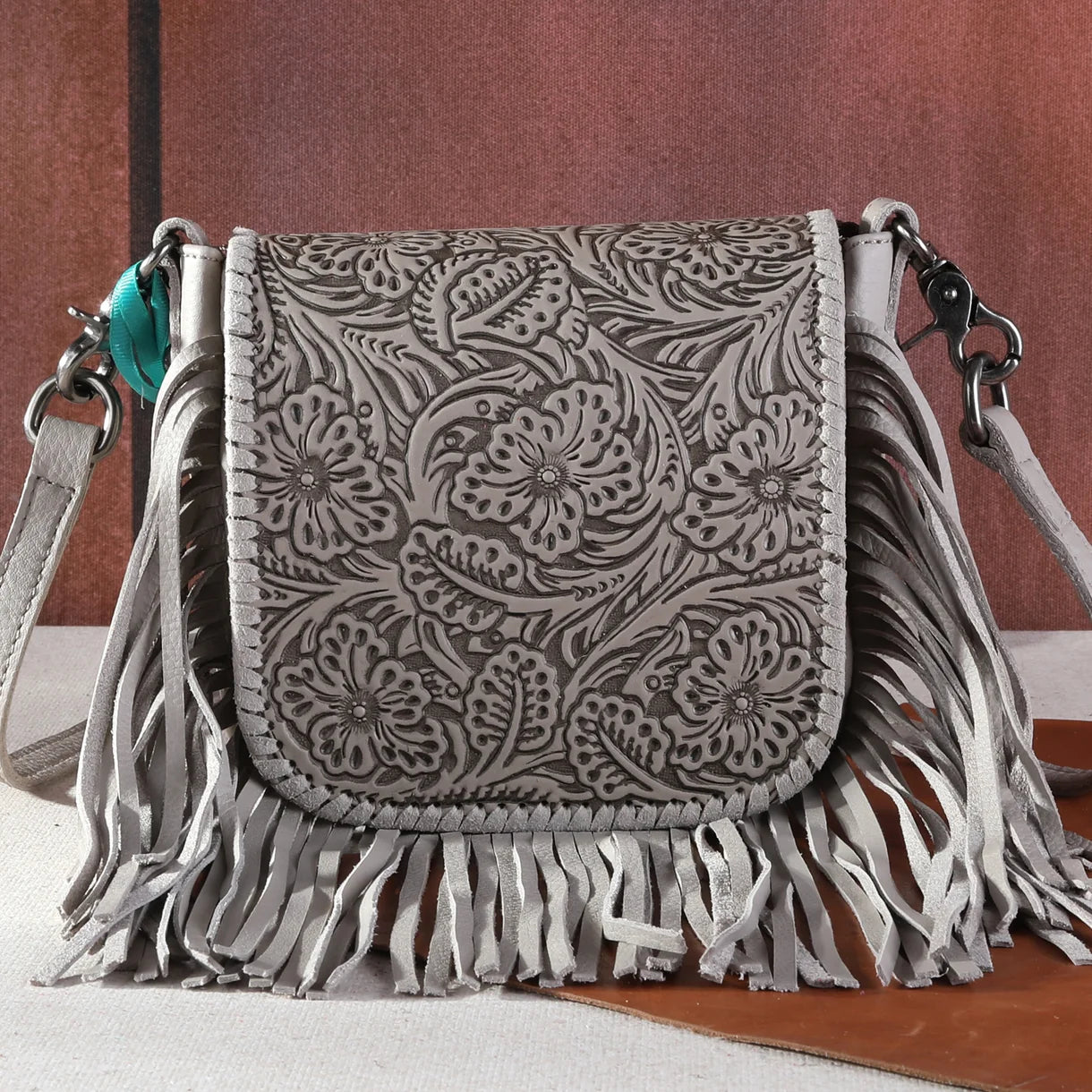 Square Fringe Tooled Crossbody