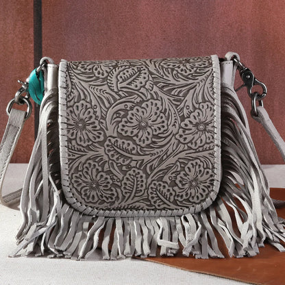 Square Fringe Tooled Crossbody