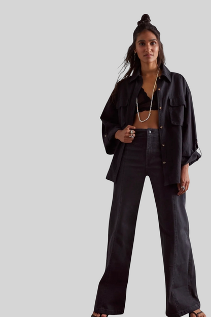 Trestles Clothing Company Libre wide leg jeans in black stretch denim with a high-rise fit and front yoke seam