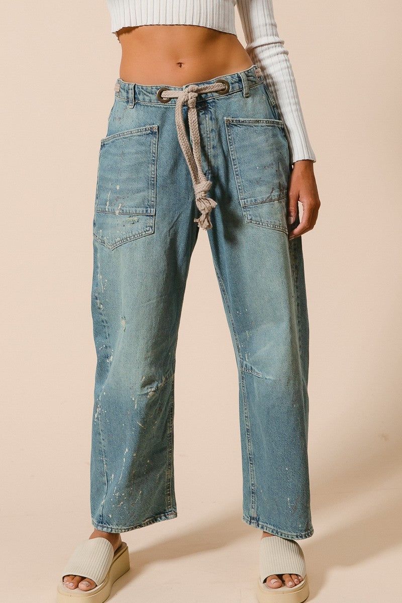 Washed Drawstring Jeans