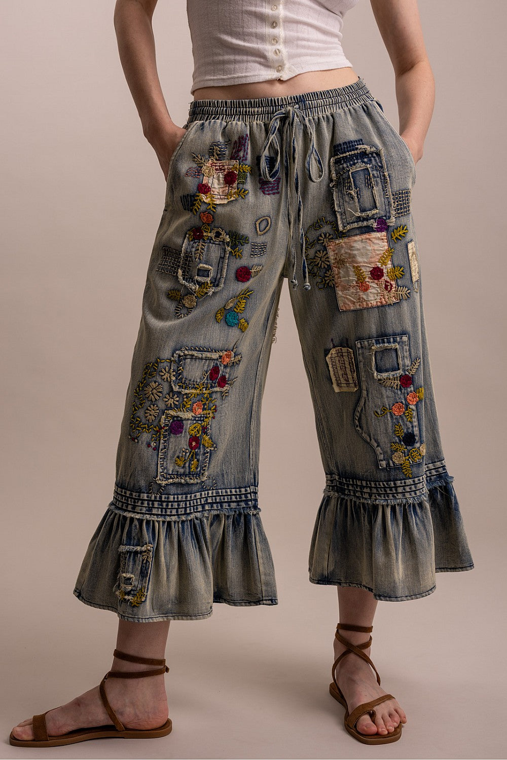 Embroidered Ruffle Jeans