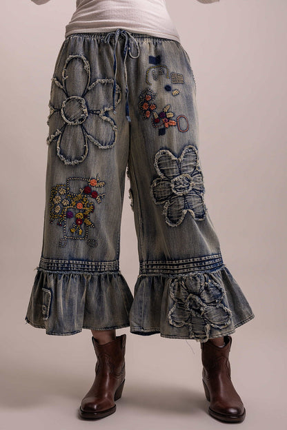 Flower Patchwork Ruffled Pants