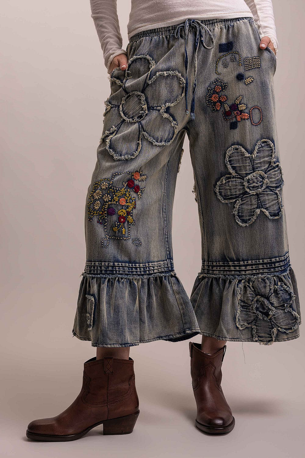 Flower Patchwork Ruffled Pants