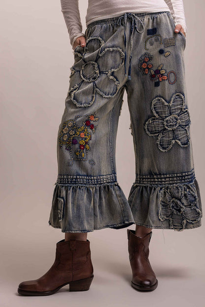Flower Patchwork Ruffled Pants