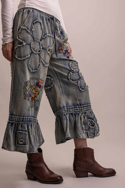 Flower Patchwork Ruffled Pants
