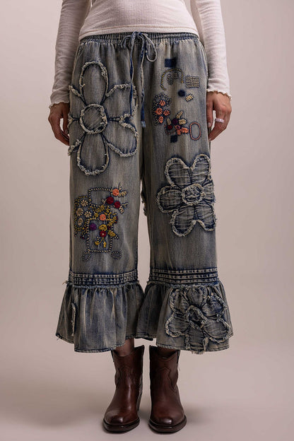 Flower Patchwork Ruffled Pants