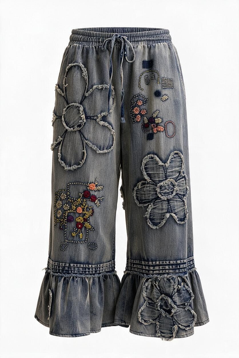Flower Patchwork Ruffled Pants