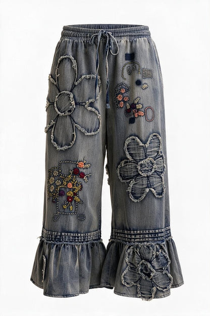 Flower Patchwork Ruffled Pants