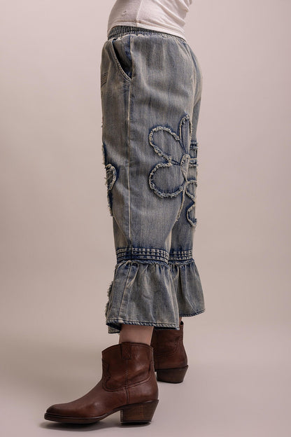 Flower Patchwork Ruffled Pants