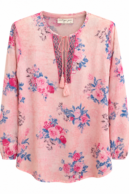 Embroidered Tie Front Blouse