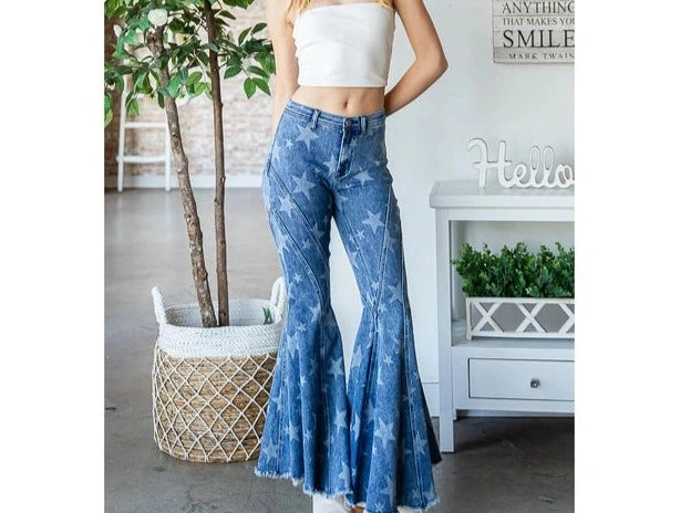 Women's Vintage Bell Bottom Jeans High Waist Stretchy Hem Flared Wide Leg  Pants Boho Print Casual Hip Hop Trousers Coffee : : Clothing,  Shoes & Accessories