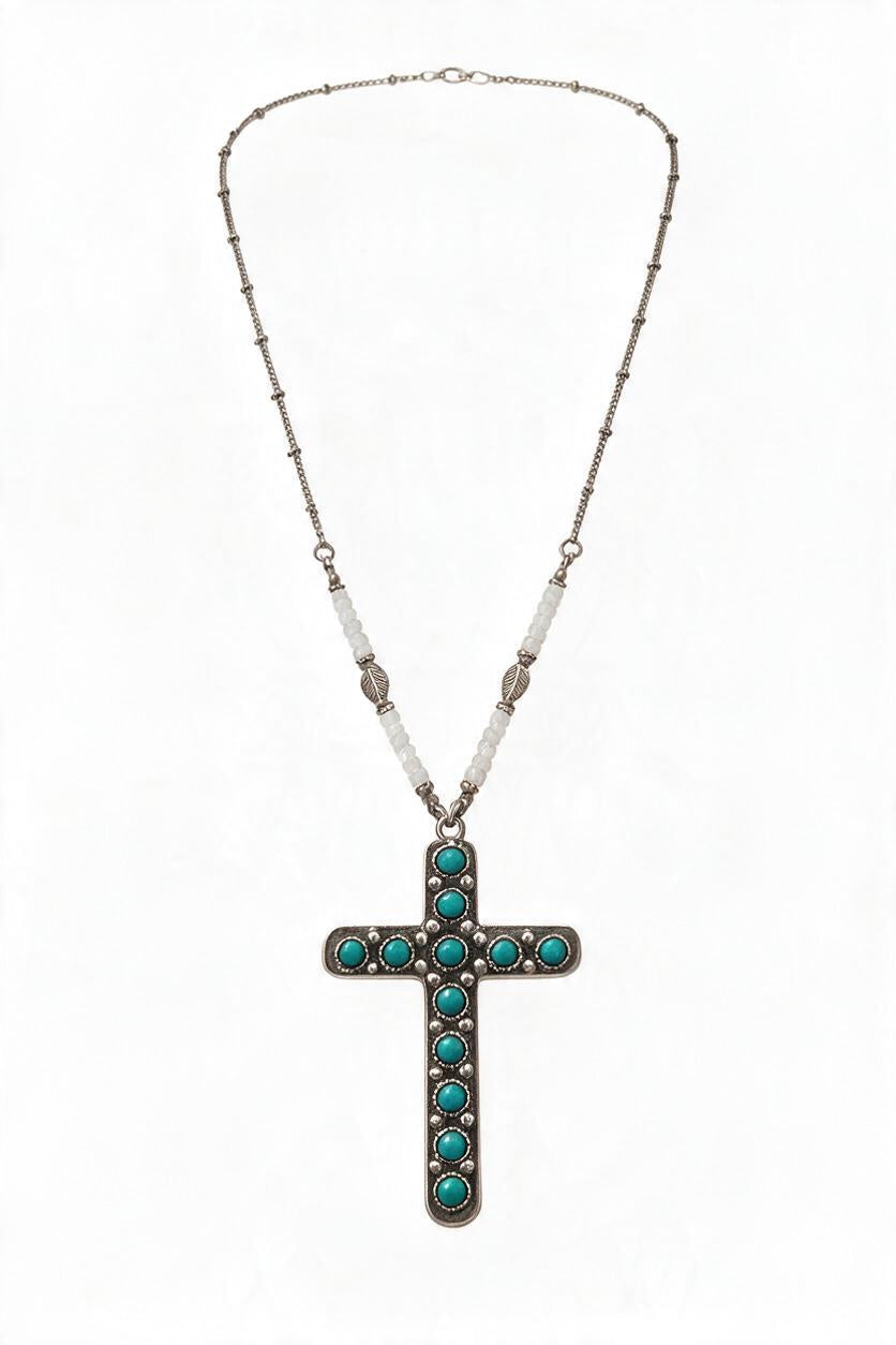 Large Turquoise Cross & White Beads Necklace