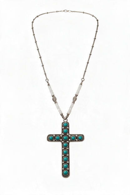 Large Turquoise Cross & White Beads Necklace