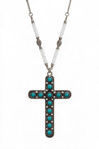 Large Turquoise Cross & White Beads Necklace