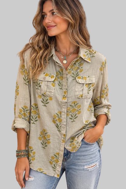 Front Pocket Floral Blouse