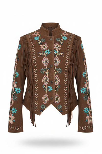 Beaded Fringe Suede Jacket ghost mannequin product image, tighter collection-style crop