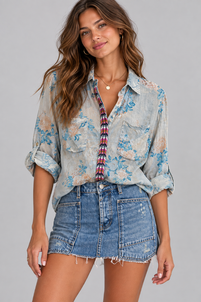 Embroidered Button Cover Blouse