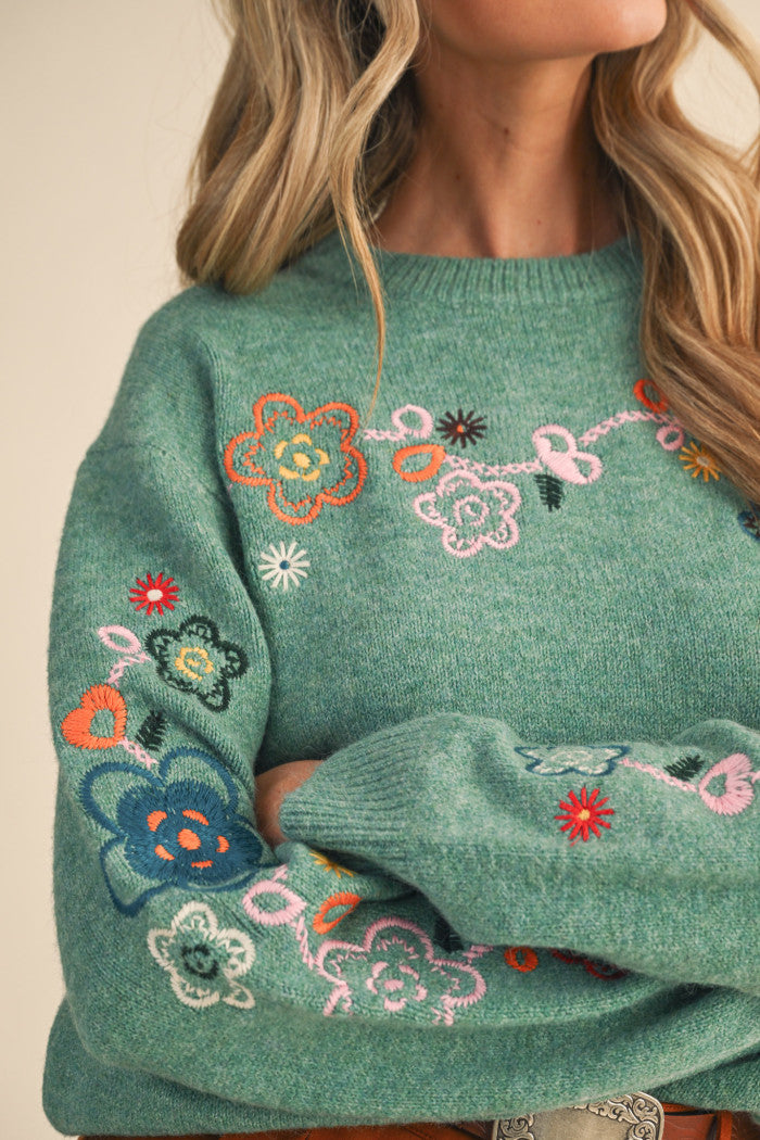 Green Embroidered Sweater