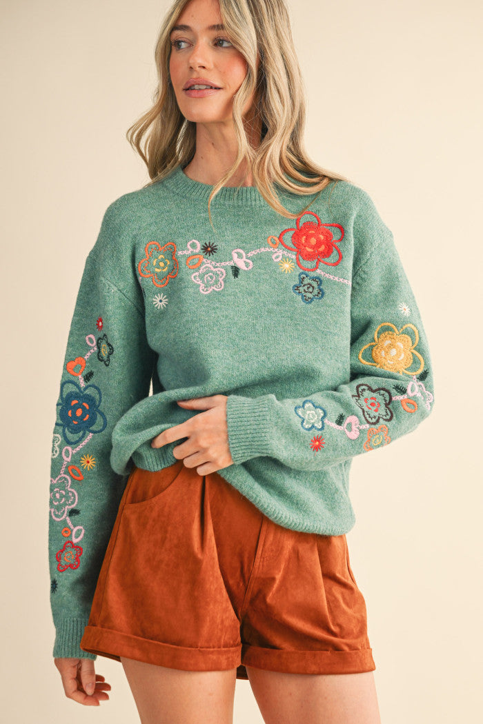 Green Embroidered Sweater