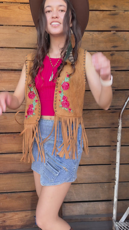 Embroidered Suede Fringe Vest