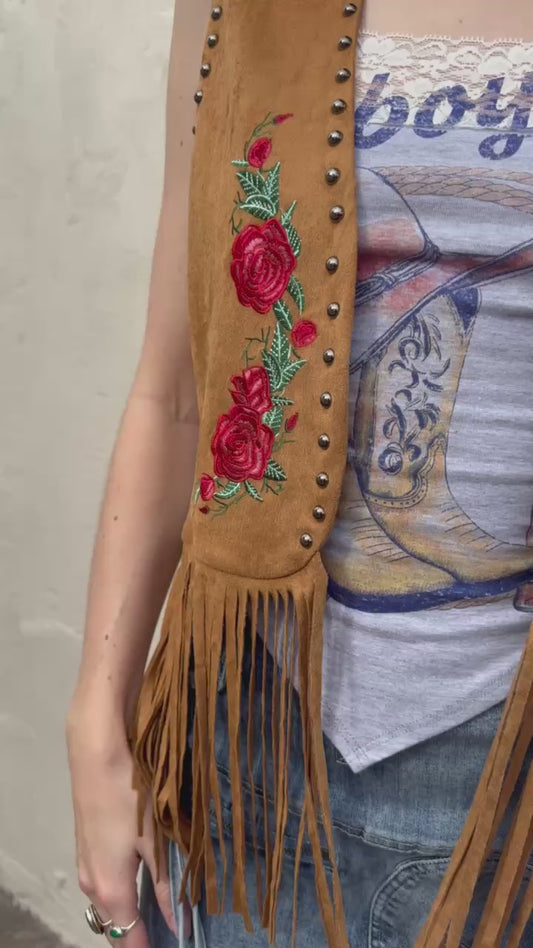 Embroidered Suede Fringe Vest