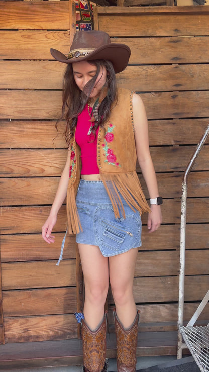 Embroidered Suede Fringe Vest
