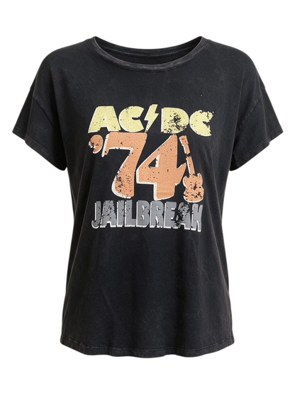 Trestles Clothing Company oversized black mineral-dyed cotton scoop neck t-shirt with vintage AC/DC 74 Jailbreak print