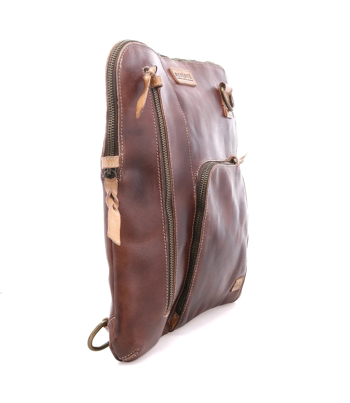 Trestles Clothing Company Bed Stu Aiken convertible brown leather bag with side zip pockets and artisan stitching