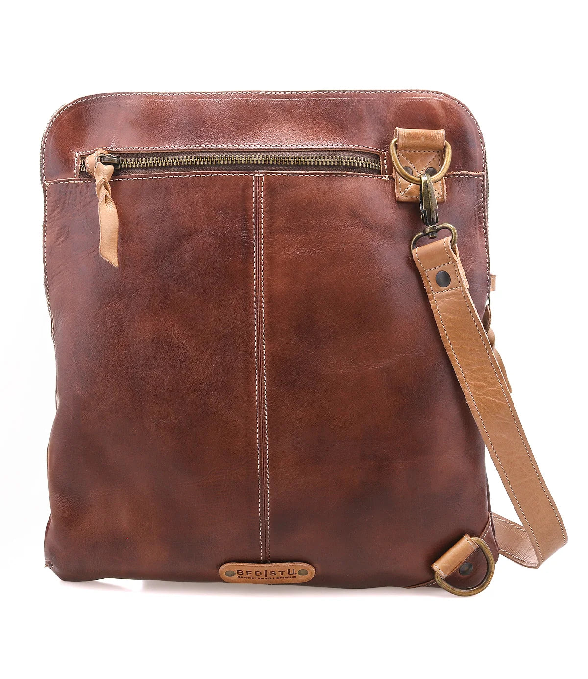 Trestles Clothing Company Bed Stu Aiken convertible brown leather bag with adjustable strap and zip pocket details