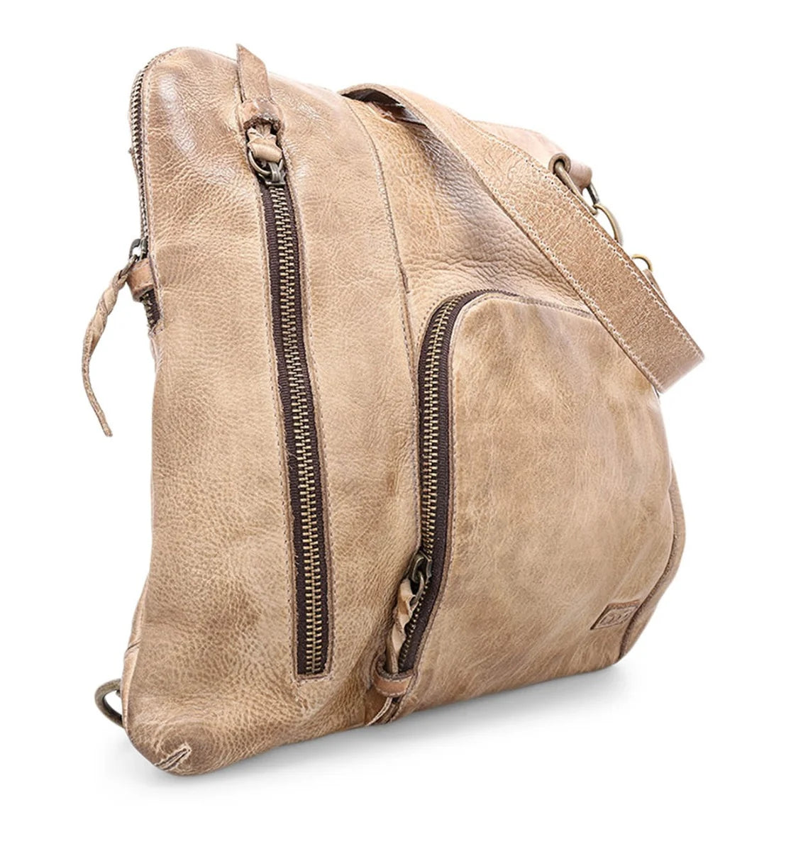 Trestles Clothing Company Bed Stu Aiken convertible leather bag in tan with exterior zip pockets and crossbody strap