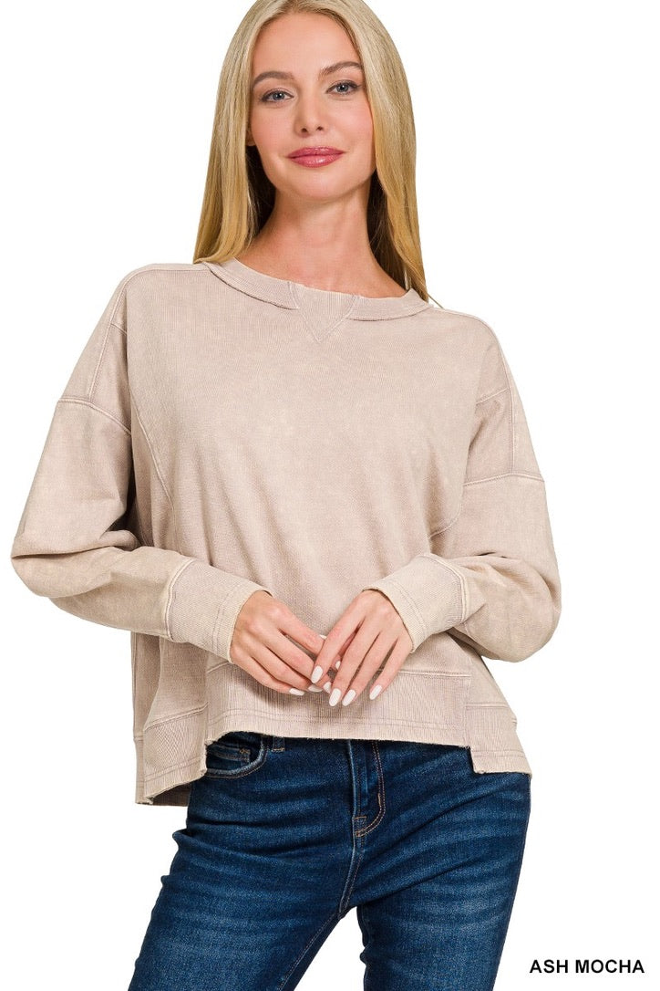 Trestles Clothing Company ash mocha mineral washed oversized cotton sweatshirt with a high low hem on a blonde model
