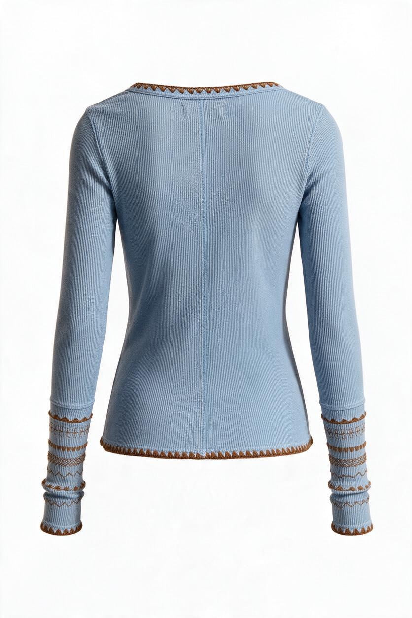 Back view of Trestles Clothing Company Aspen Thermal top in light blue waffle knit cotton with brown contrast stitching