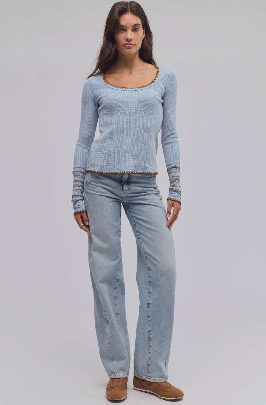 Trestles Clothing Company Aspen Thermal top in light blue waffle knit cotton with contrast stitching and long sleeves
