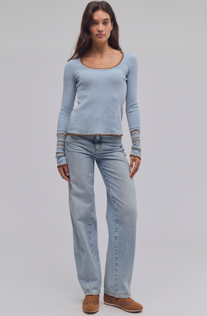 Trestles Clothing Company Aspen Thermal top in light blue waffle knit cotton with contrast stitching and long sleeves