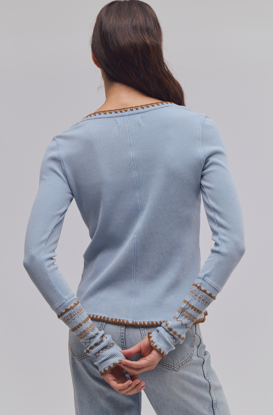 Trestles Clothing Company Aspen Thermal top in light blue waffle knit cotton with brown contrast stitch detailing