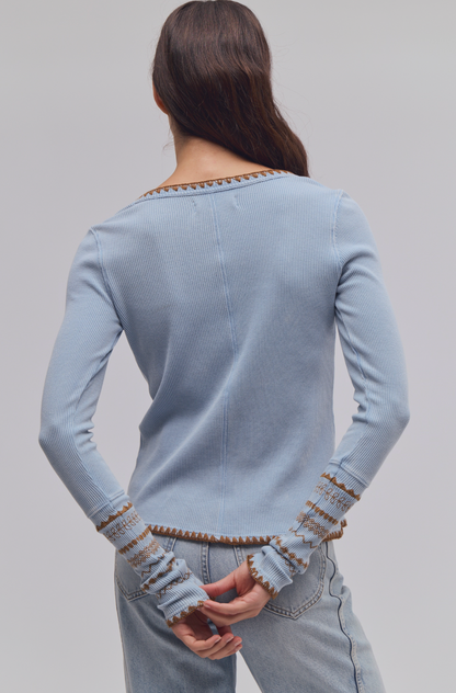 Trestles Clothing Company Aspen Thermal top in light blue waffle knit cotton with brown contrast stitch detailing