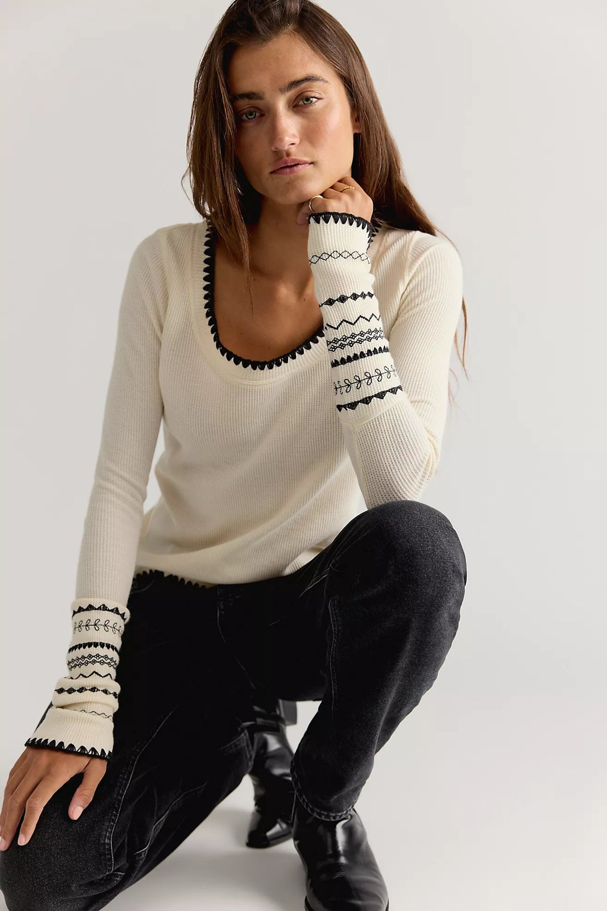 Trestles Clothing Company Aspen Thermal top in cream waffle knit cotton with black contrast stitching and scoop neck