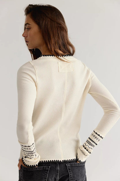 Trestles Clothing Company Aspen Thermal top in cream waffle knit cotton with black contrast stitching and long sleeves