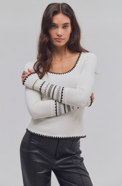 Trestles Clothing Company Aspen Thermal top in white waffle knit cotton with black contrast stitching and long sleeves