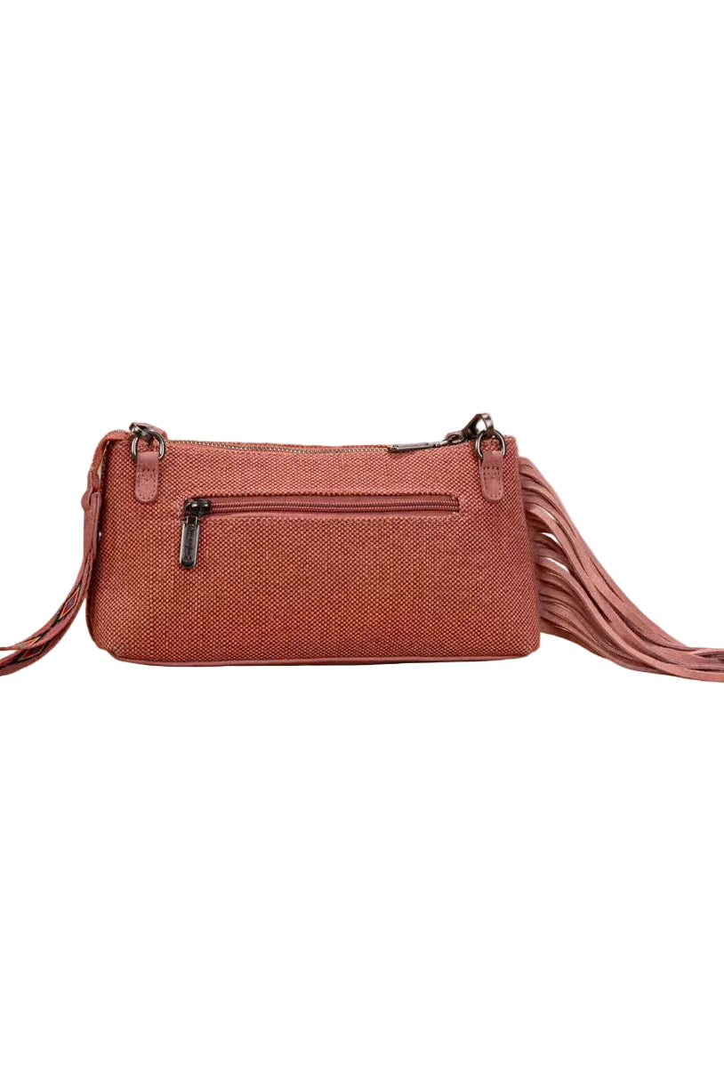 Trestles Clothing Company Aztec crossbody bag in dusty rose canvas with fringe detail and back zipper pocket