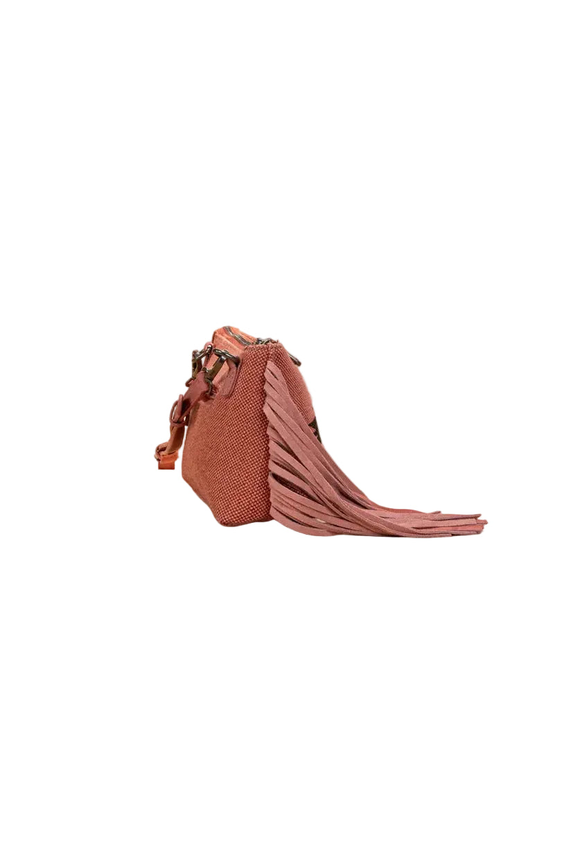 Trestles Clothing Company Aztec wristlet and crossbody bag in rust canvas with long fringe and PU leather trim