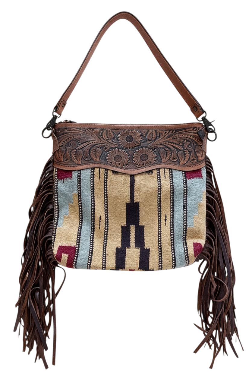Trestles Clothing Company fringed Aztec bag with woven wool carpet body, tooled leather trim, and long side fringe.