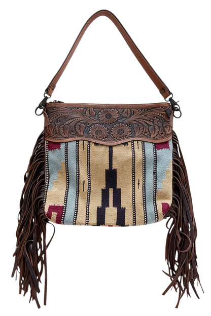 Trestles Clothing Company fringed Aztec bag with woven wool carpet body, tooled leather trim, and long side fringe.
