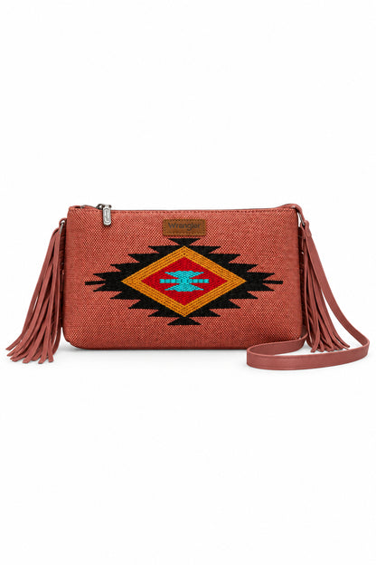 Trestles Clothing Company Western Aztec wristlet and crossbody bag with fringe, canvas, and PU leather trim.