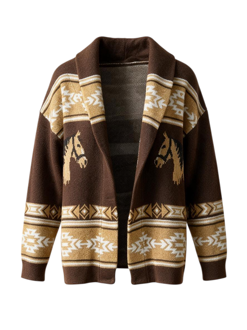 Trestles Clothing Company brown Aztec horse cardigan with a rolled collar and open front in a cozy relaxed fit.