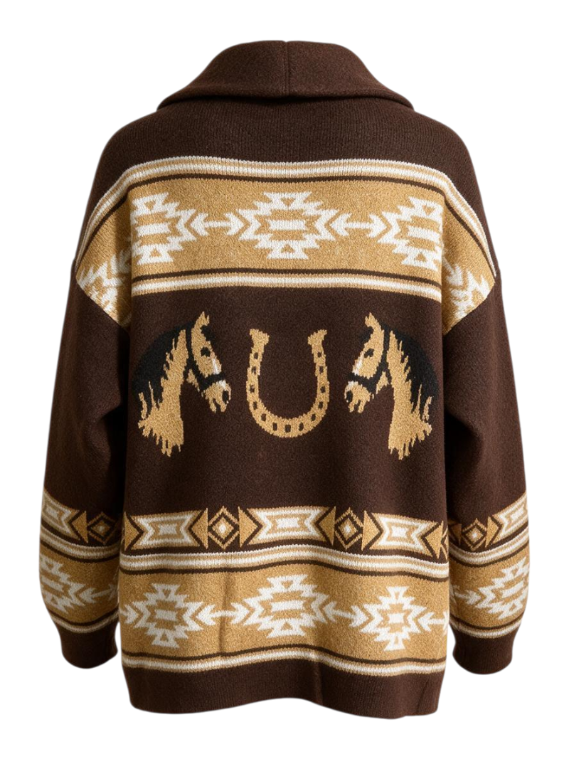 Back view of Trestles Clothing Company brown Aztec horse cardigan with rolled collar and Southwestern patterns